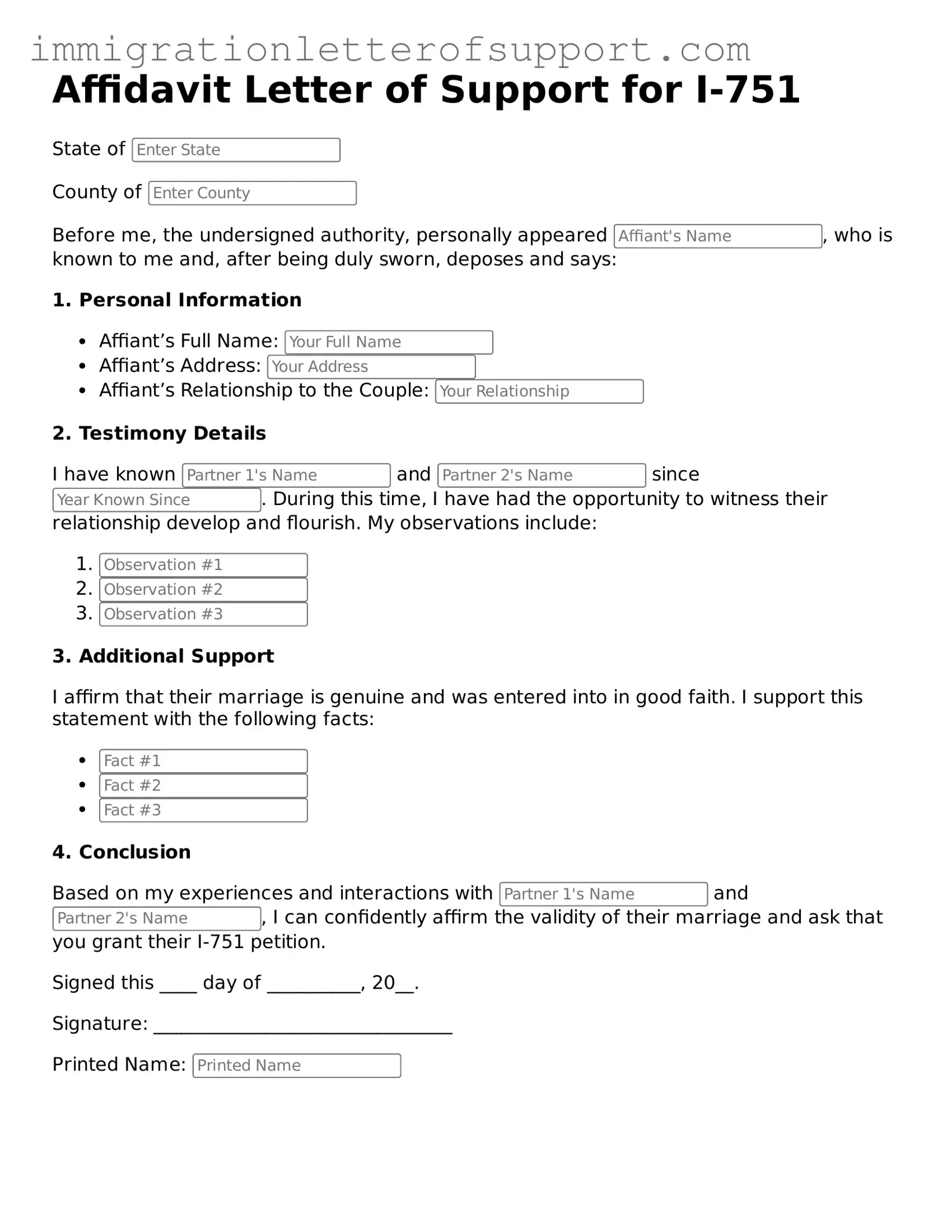 Legal Affidavit Letter of Support for I-751 Form
